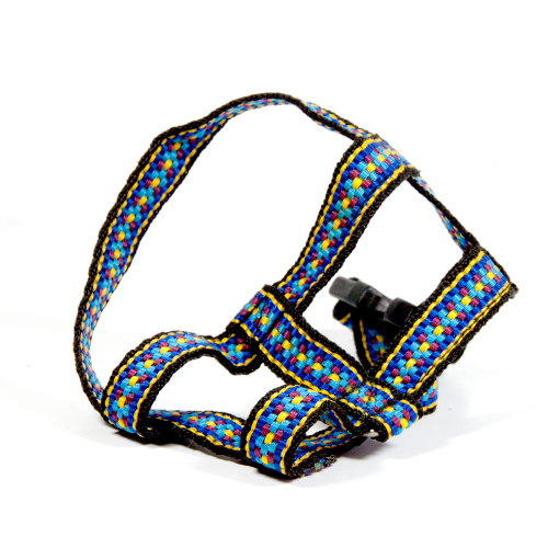 blue and white harness on white background